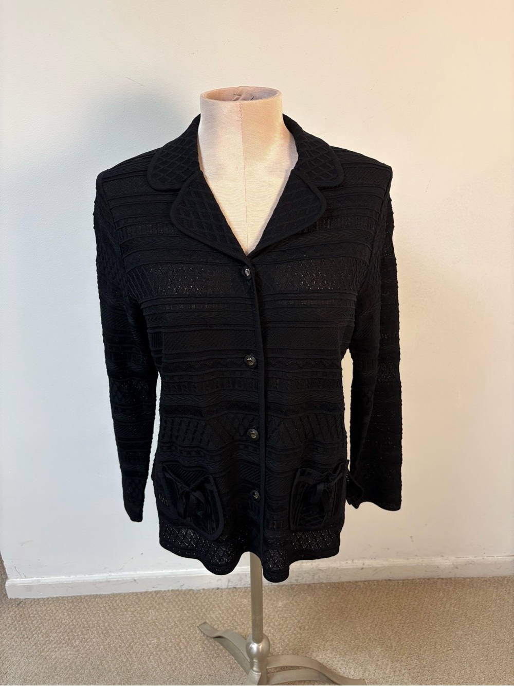 Misook Womens Black Knit Button-Up Textured Blazer Medium